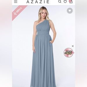 Azazie Dusty Blue one shoulder bridesmaid dress size 6/ Altered for 5’5